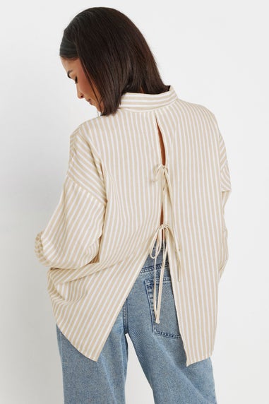 PixieGirl Petite Stone Brown Stripe Tie Back Shirt