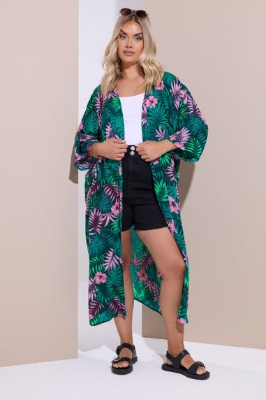 Yours Curve Green Tropical Print Crochet Midaxi Kimono