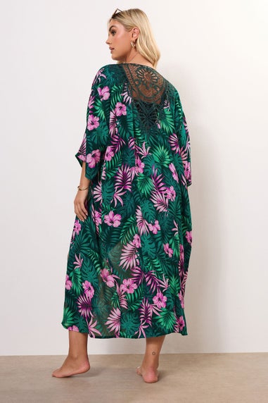 Yours Curve Green Tropical Print Crochet Midaxi Kimono