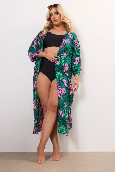 Yours Curve Green Tropical Print Crochet Midaxi Kimono