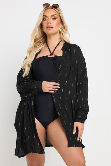 Yours Curve Black Metallic Dobby Crinkle Beach Shirt