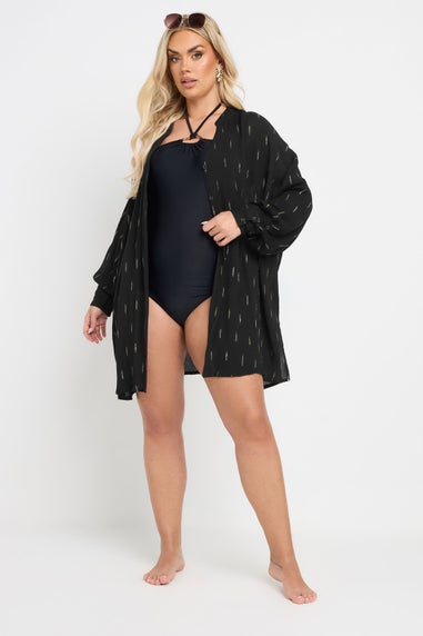 Yours Curve Black Metallic Dobby Crinkle Beach Shirt