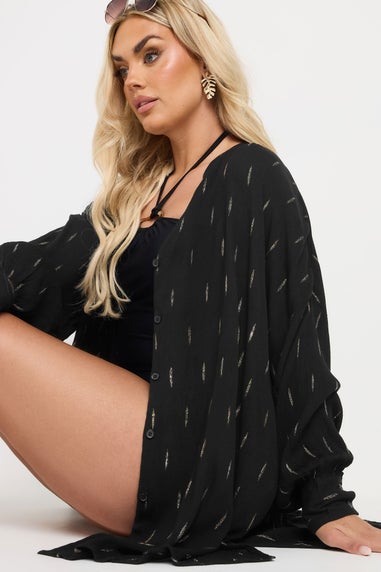Yours Curve Black Metallic Dobby Crinkle Beach Shirt