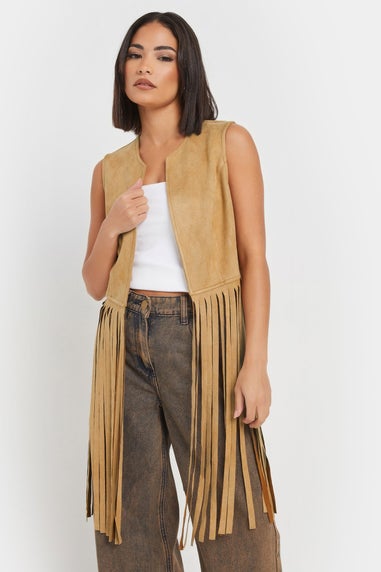 PixieGirl Petite Brown Faux Suede Tassel Waistcoat