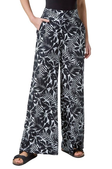 Roman Black Leaf Linen Blend Wide Leg Trousers