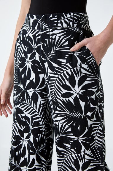 Roman Black Leaf Linen Blend Wide Leg Trousers