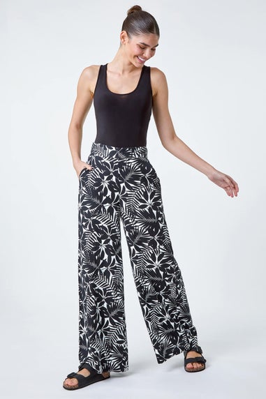 Roman Black Leaf Linen Blend Wide Leg Trousers