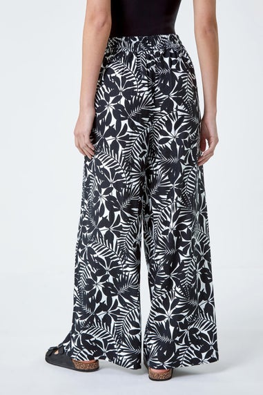 Roman Black Leaf Linen Blend Wide Leg Trousers