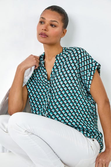 Roman Blue Geometric Print Relaxed Shirt