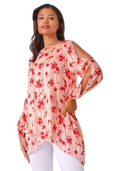 Roman Light Pink Rose Print Metallic Tunic Top