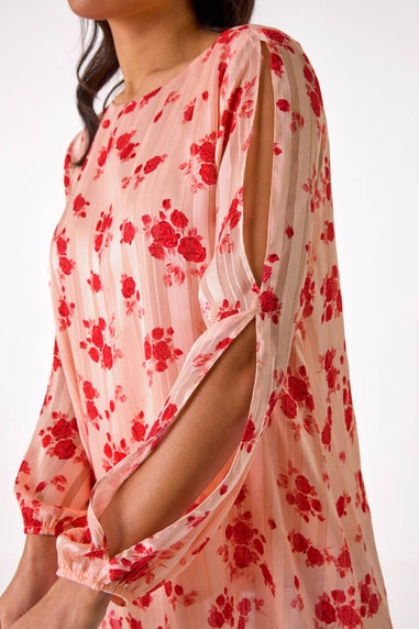 Roman Light Pink Rose Print Metallic Tunic Top