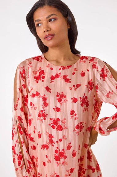 Roman Light Pink Rose Print Metallic Tunic Top