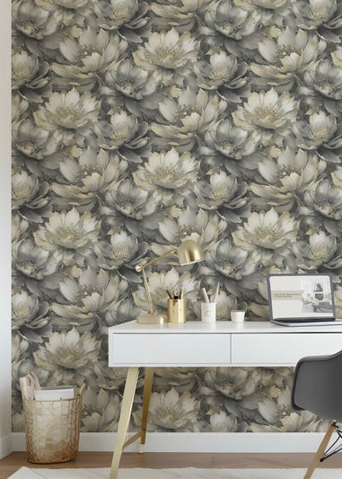 Muriva Aminah Floral Charcoal & Gold