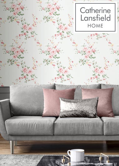 Catherine Lansfield Canterbury Floral Soft Grey & Red