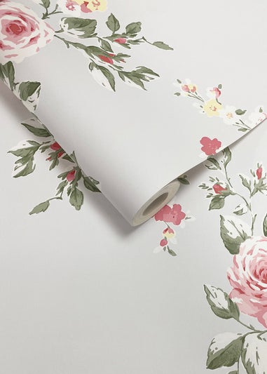 Catherine Lansfield Canterbury Floral Soft Grey & Red