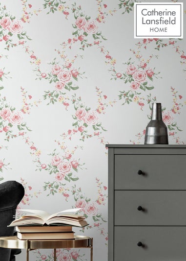 Catherine Lansfield Canterbury Floral Soft Grey & Red