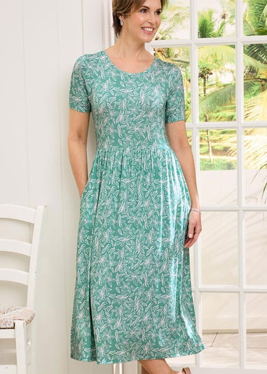 Cotton Traders Dusty Jade Printed Stretch Jersey Knee-Length Dress