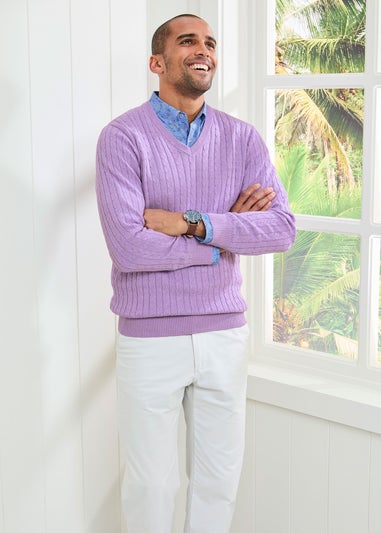 Cotton Traders Deep Lilac Cotton V-Neck Cable Jumper