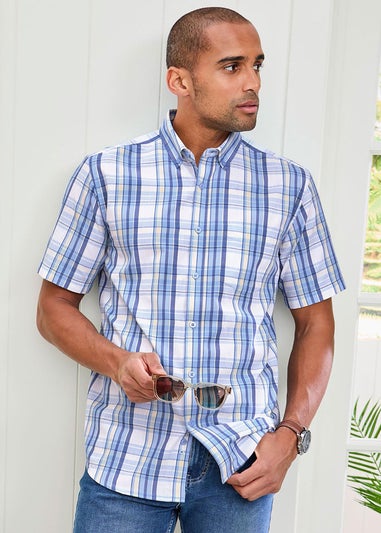 Cotton Traders Soft Blue Short Sleeve Casual Check Shirt