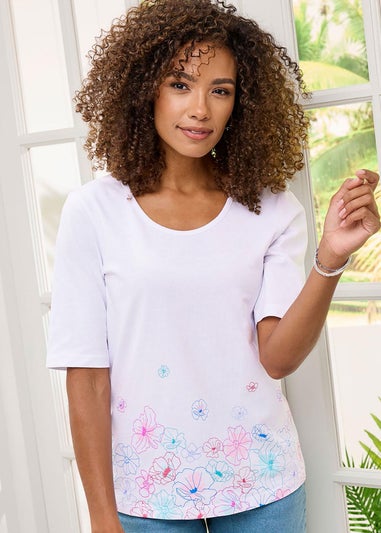 Cotton Traders Warm Cream 1/2 Sleeve Scoop Neck Printed Top