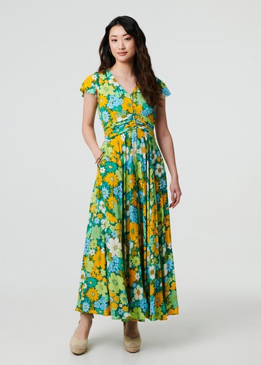 Izabel London Green Floral Ruched Cap Sleeve Maxi Dress