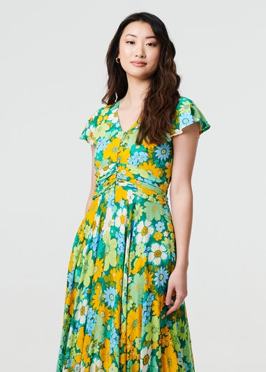 Izabel London Green Floral Ruched Cap Sleeve Maxi Dress