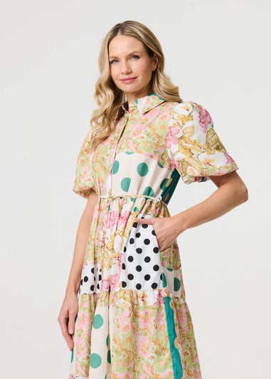 Izabel London Yellow Patchwork Print Knee Length Shirt Dress