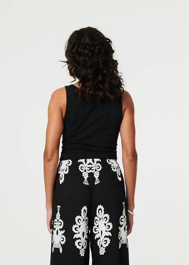 Izabel London Black Ikat Print High Waist Wide Leg Trousers