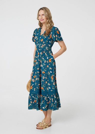 Izabel London Teal Floral Lace Trim Short Sleeve Midi Dress