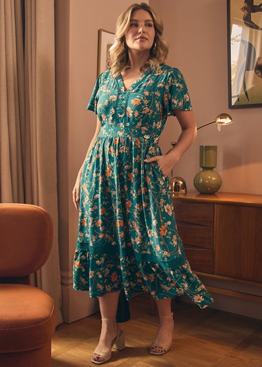 Izabel London Teal Floral Lace Trim Short Sleeve Midi Dress
