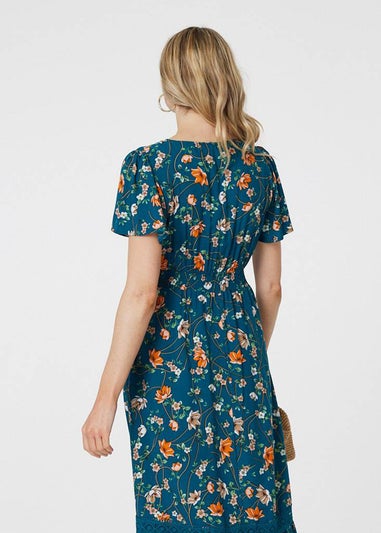 Izabel London Teal Floral Lace Trim Short Sleeve Midi Dress