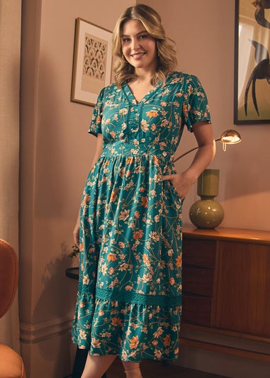 Izabel London Teal Floral Lace Trim Short Sleeve Midi Dress