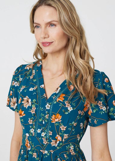 Izabel London Teal Floral Lace Trim Short Sleeve Midi Dress