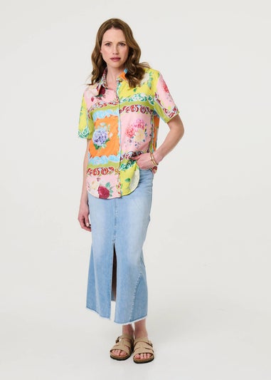 Izabel London Yellow Mosaic Print Short Sleeve Relaxed Shirt