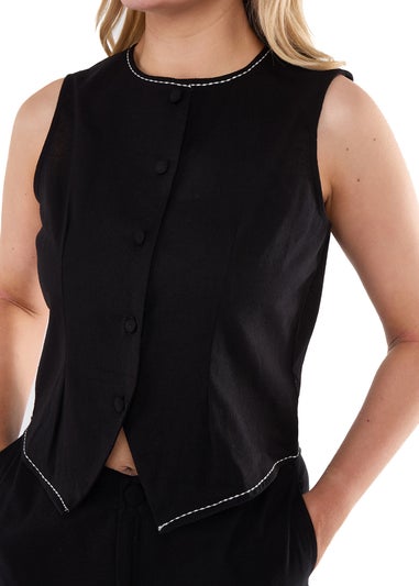 Gini London Black Cotton Contrast Stitch Detail Waist Coat