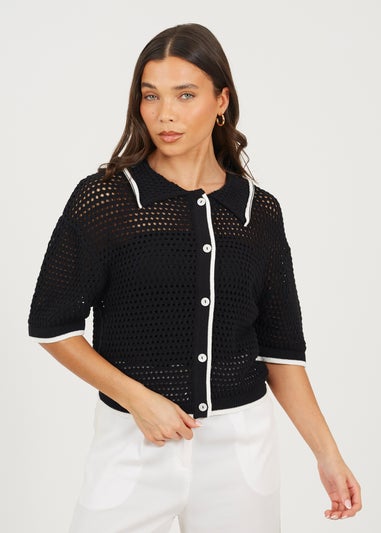 Brave Soul Black Loose Knit Collared Blouse