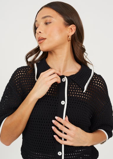 Brave Soul Black Loose Knit Collared Blouse