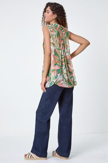 Roman Orange Leaf Print Ruffle Front Buttoned Blouse