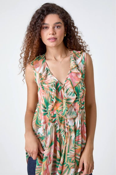 Roman Orange Leaf Print Ruffle Front Buttoned Blouse