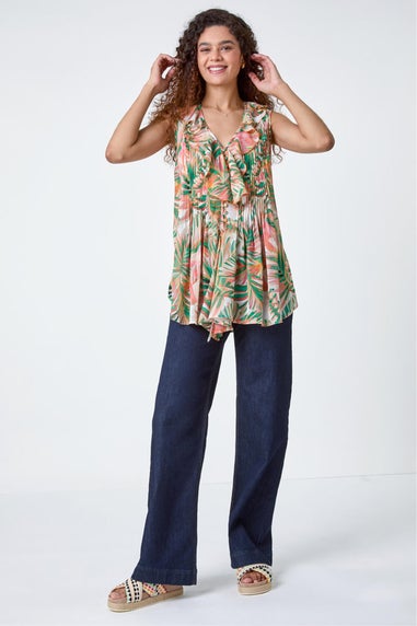 Roman Orange Leaf Print Ruffle Front Buttoned Blouse