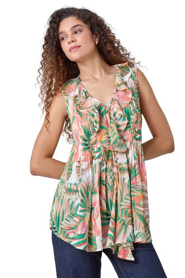 Roman Orange Leaf Print Ruffle Front Buttoned Blouse