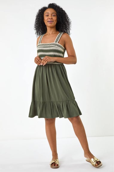 Roman Khaki Petite Crochet Trim Strap Dress