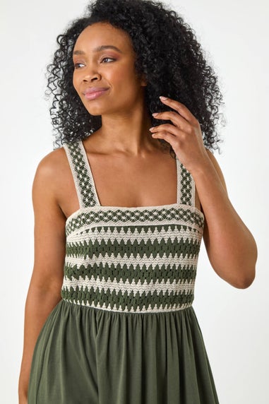 Roman Khaki Petite Crochet Trim Strap Dress