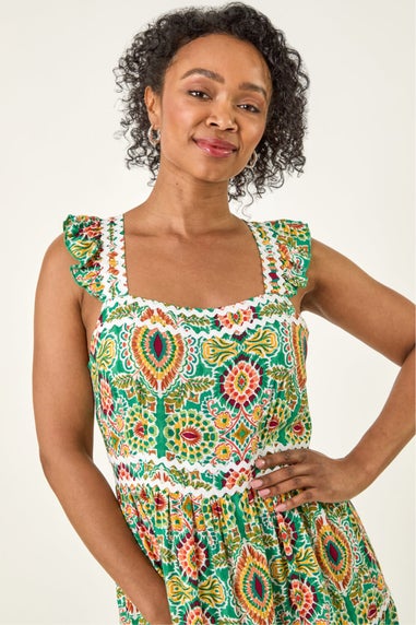 Roman Green Petite Abstract Frill Ric Rac Midi Dress