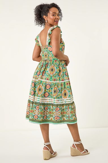 Roman Green Petite Abstract Frill Ric Rac Midi Dress