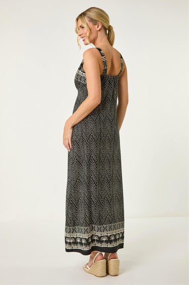 Roman Black Petite Palm Print Border Maxi Dress