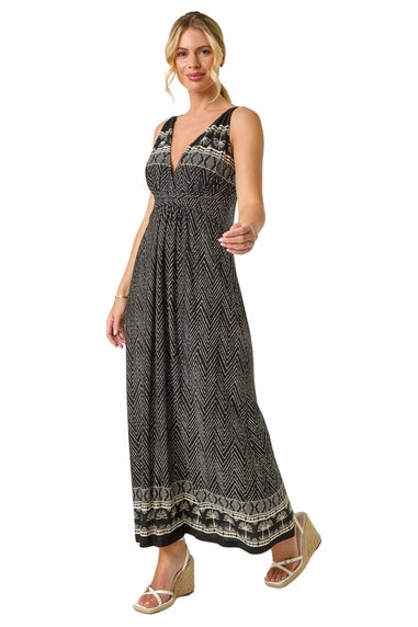 Roman Black Petite Palm Print Border Maxi Dress