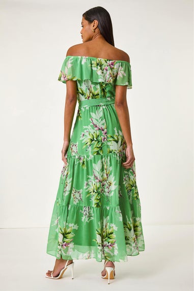 Roman Green Floral Bardot Belted Maxi Dress