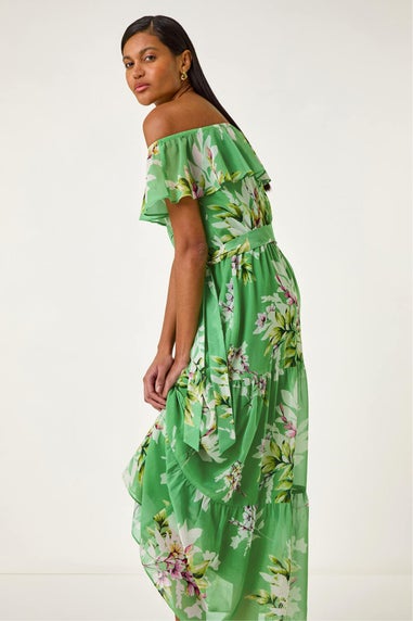 Roman Green Floral Bardot Belted Maxi Dress