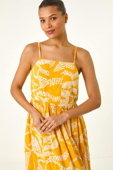Roman Yellow Leaf Print Strap Midi Dress